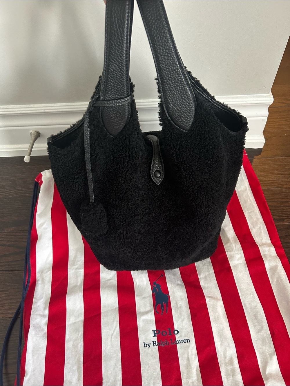 Polo by Ralph Lauren Black Faux Shearling Tote with Leather Handles